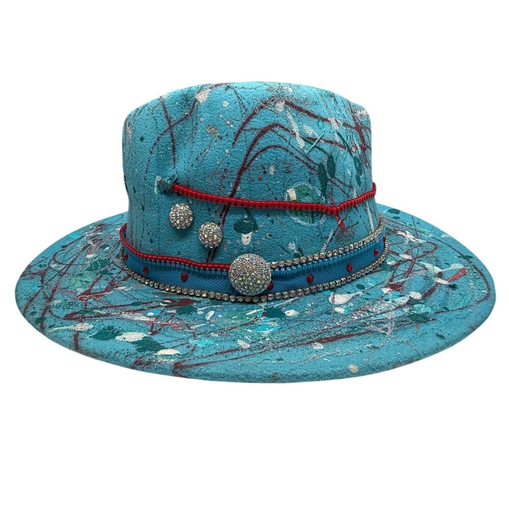 Blue hand-painted fedora with rhinestone and stud embellishments One Size